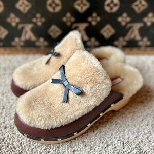Fabrizio Viti Brown Leather and Shearling Bow Mules Clogs, NEW